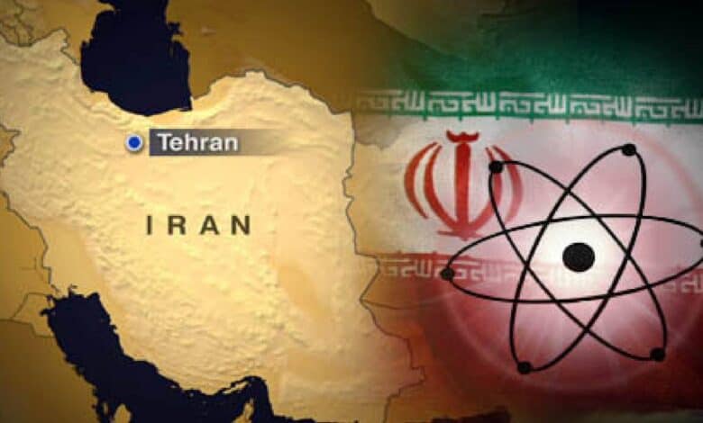 A map highlighting Iran with Tehran marked, overlaid with an image of the Iranian flag and a stylised atomic symbol, representing the country's nuclear programme.