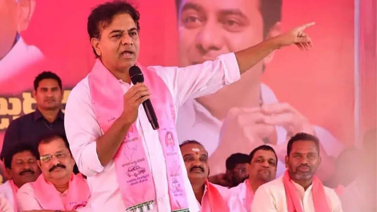 BRS working president KT Rama Rao accuses Congress leaders of forcibly registering the plots given to land oustees of Pharma City in their names.