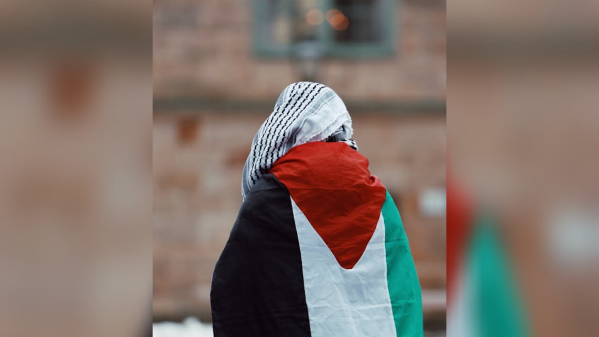A person draped in the Palestinian flag with a keffiyeh on their head, standing in front of a blurred brick wall background.