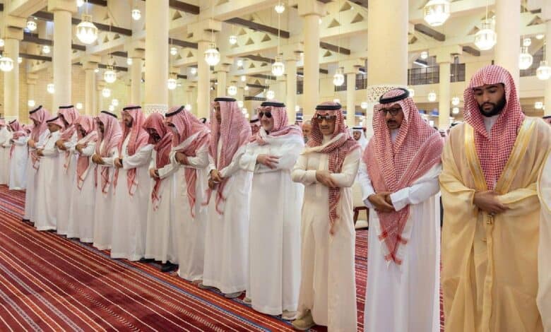 Prince Khaled bin Talal, along with his sons and Prince Al-Waleed bin Talal, seen among worshippers during the funeral prayer at Imam Turki bin Abdullah Mosque in Riyadh.