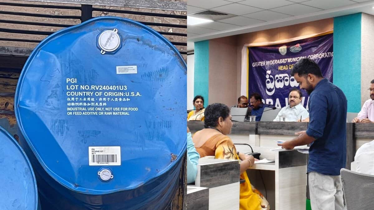 The image shows P Sharath Kumar, representing the issue of food and air pollution near his apartments to GHMC authorities during Prajavani on Monday, July 14, 2025.