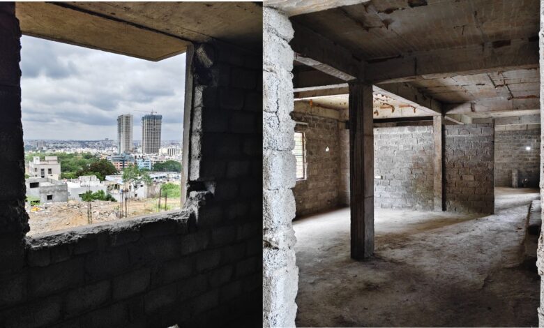 The image shows incompletely built 2bhk houses in Bojagutta slums near Mehdipatnam.