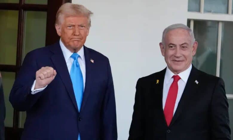 Donald Trump and Benjamin Netanyahu pose outside the White House during US visit.