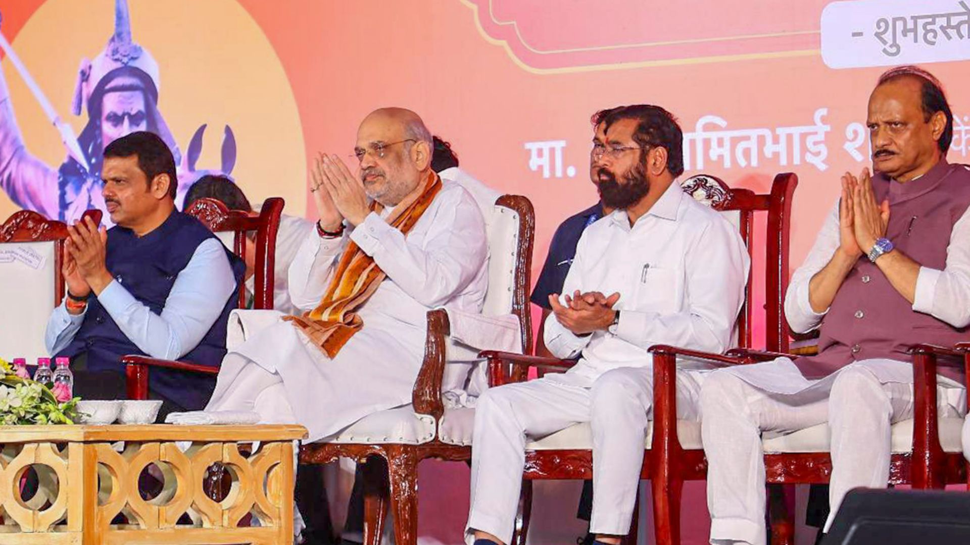 Union Home Minister Amit Shah with Maharashtra CM Devendra Fadnavis and Deputy CMs Eknath Shinde and Ajit Pawar