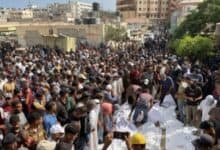 Relatives of Palestinians, who were killed in an Israeli attack on Khan Younis, attend a funeral ceremony in front of Nasser Hospital in Gaza City on Friday [Abdallah Fs Alattar/Anadolu]
