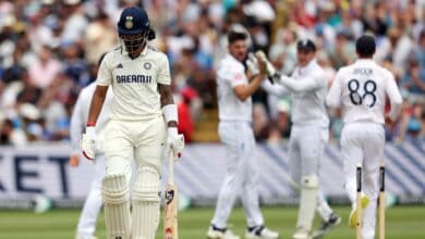 India's KL Rahul is bowled out by England's Josh Tongue during day four of the second cricket test match between England and India at Edgbaston in Birmingham, England, Saturday, July 5, 2025. AP/PTI(AP07_05_2025_000330B)