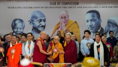 Tibetan spiritual leader the Dalai Lama celebrates his 90th birthday at Tsuglagkhang, in the main Dalai Lama temple in McLeodganj, Himachal Pradesh on Sunday. (PTI Photo/Ravi Choudhary)