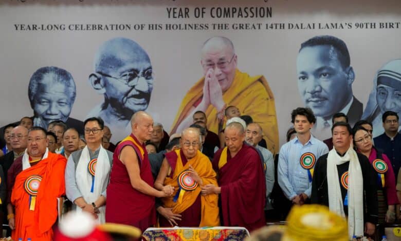 Tibetan spiritual leader the Dalai Lama celebrates his 90th birthday at Tsuglagkhang, in the main Dalai Lama temple in McLeodganj, Himachal Pradesh on Sunday. (PTI Photo/Ravi Choudhary)