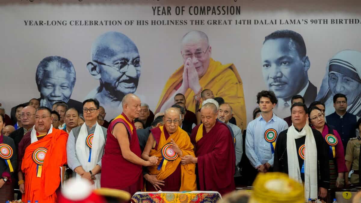 Tibetan spiritual leader the Dalai Lama celebrates his 90th birthday at Tsuglagkhang, in the main Dalai Lama temple in McLeodganj, Himachal Pradesh on Sunday. (PTI Photo/Ravi Choudhary)