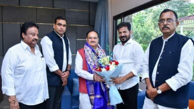 Telangana CM Revanth Reddy Union Minister for Chemicals and Fertilisers JP Nadda in New Delhi on Tuesday