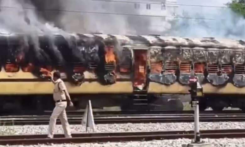 One of the coaches of the Hissar-Rayalseema Express caught fire on Monday. The incident occurred at Tirupathi railway station