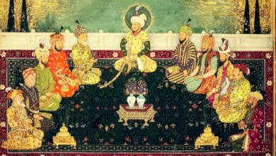 Group portrait of Mughal rulers, from Babur to Aurangzeb, with the Mughal ancestor Timur seated in the middle. On the left: Shah Jahan, Akbar and Babur, with Abu Sa'id of Samarkand and Timur's son, Miran Shah. On the right: Aurangzeb, Jahangir and Humayun, and two of Timur's other offspring Umar Shaykh and Muhammad Sultan.
