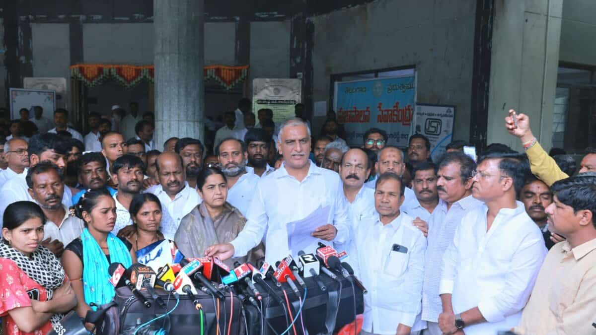 BRS MLA Hrish Rao addresses the media in Sangareddy