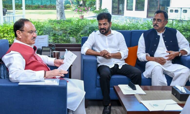 Telangana CM Revanth Reddy met Union Minister for Fertilisers and Chemicals, JP Nadda in New Delhi on Tuesday