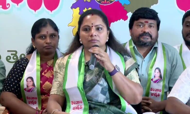 BRS MLC K Kavitha addressing the media on Thursday in Hyderabad