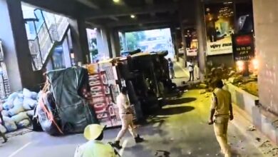 Lorry overturns under Punjagutta metro station cause traffic snarls in Hyderabad