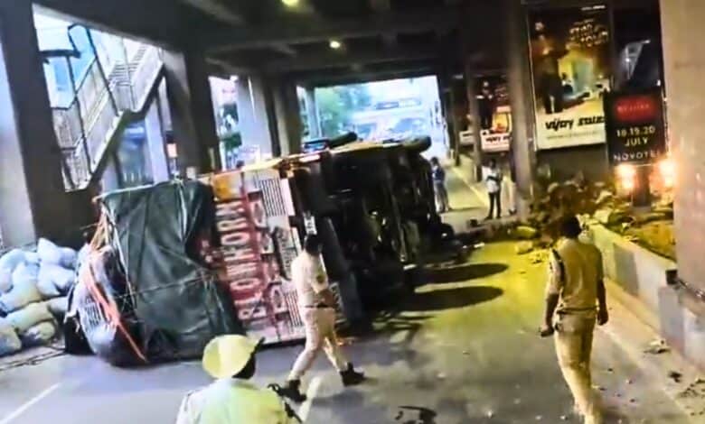 Lorry overturns under Punjagutta metro station cause traffic snarls in Hyderabad