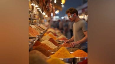 The image of a man wearing futuristic smart glasses examines colourful spices at a market stall, representing AI chef Aiman’s ability to analyse ingredients.