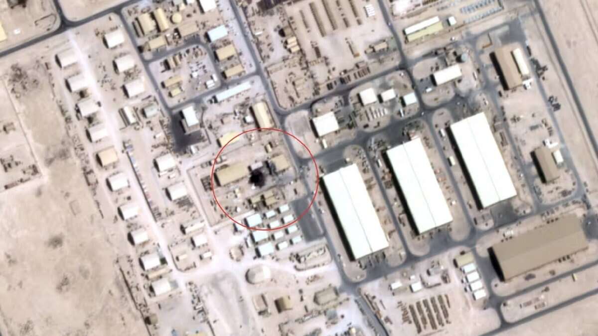 Satellite image taken on June 24 shows possible damage at a sensitive communications site within the US Al Udeid Airbase in Qatar, following an Iranian missile strike on 23 June. The area of interest is marked with a red circle.