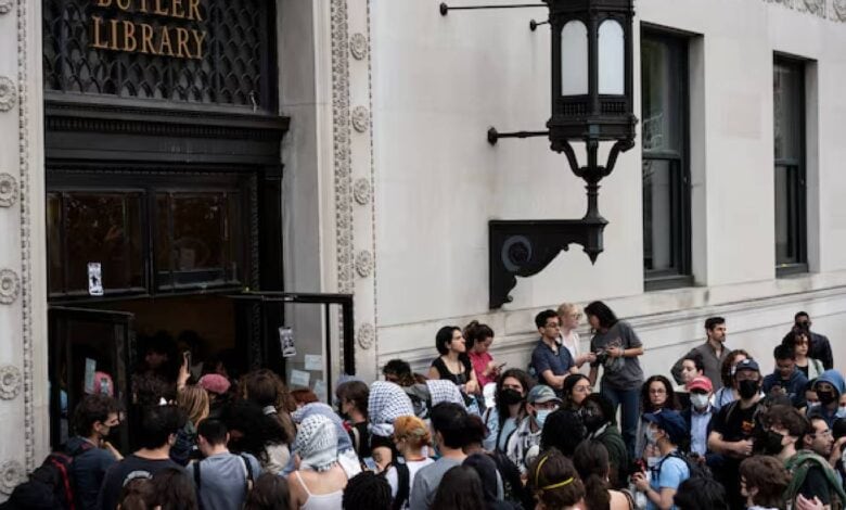 Pro-Palestinian students protest inside Butler Library at Columbia University, New York, May 2025.
