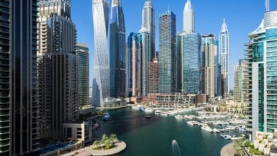 Dubai Marina skyline with modern high-rise buildings and yachts docked along the waterfront.