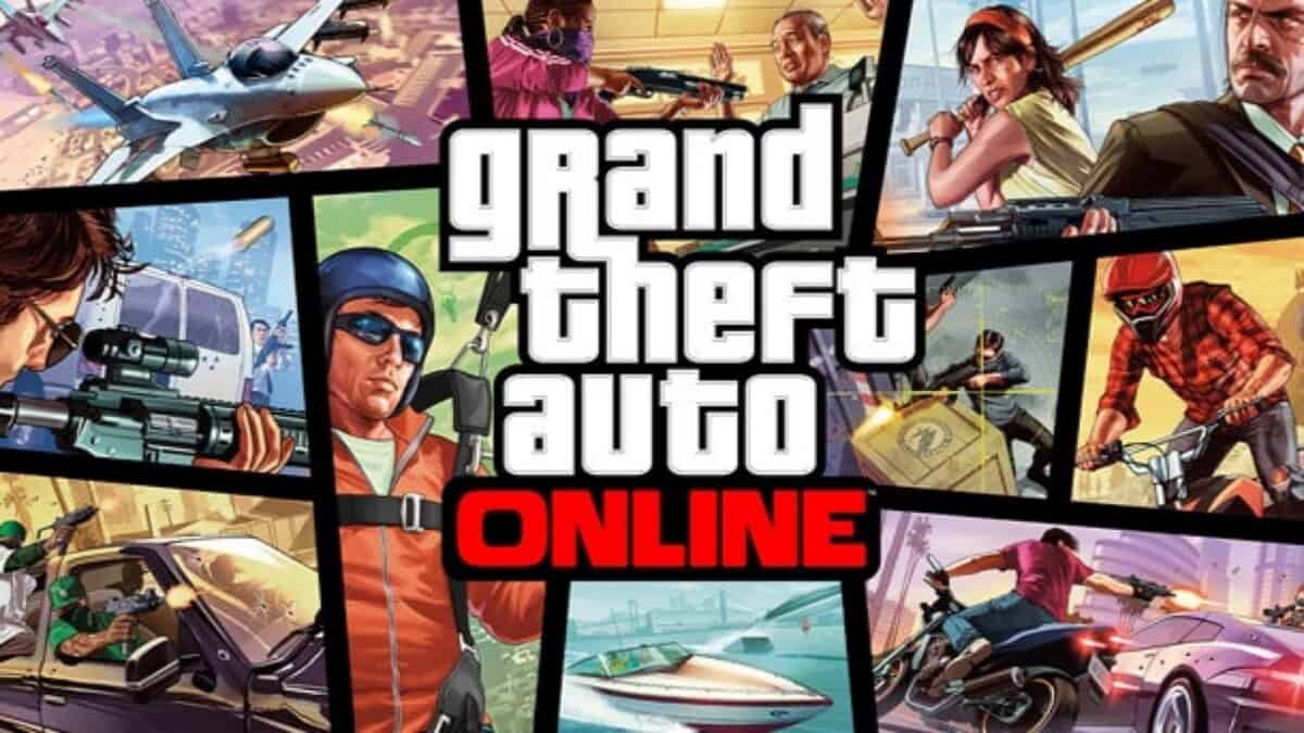 Promotional artwork for Grand Theft Auto Online featuring a collage of action scenes including characters with weapons, vehicles, jet fighters, motorcycles, boats, and helicopters. The title 