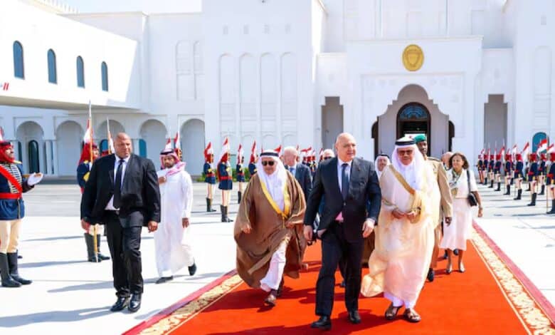 Lebanon’s President Joseph Aoun escorted by Bahrain’s Foreign Minister Al Zayani at Manama airport.