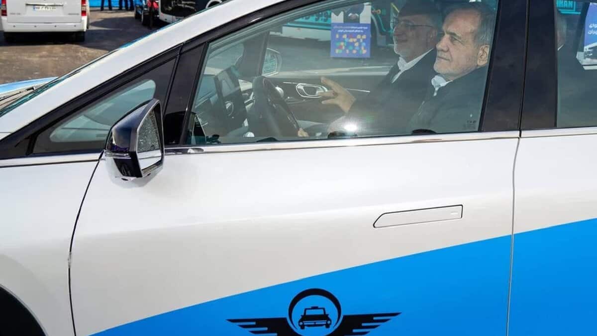 Iranian president Masoud Pezeshkian seen inside a local taxi after his convoy vehicles failed due to contaminated fuel during a visit to Tabriz.