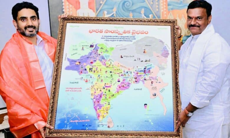 Image of BJP AP president PVN Madhav presenting the map of India to AP minister Lokesh. BRS leader seeks FIR over India map without Telangana in it