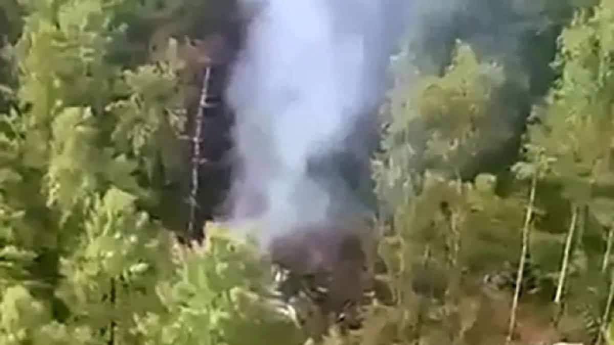 A plume of white smoke rises from a forested crash site surrounded by dense green trees in a mountainous area. The wreckage is partially visible among the trees.