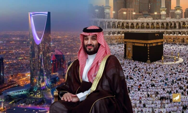 Crown Prince Mohammed bin Salman with Riyadh skyline and Kaaba in Makkah in the background.