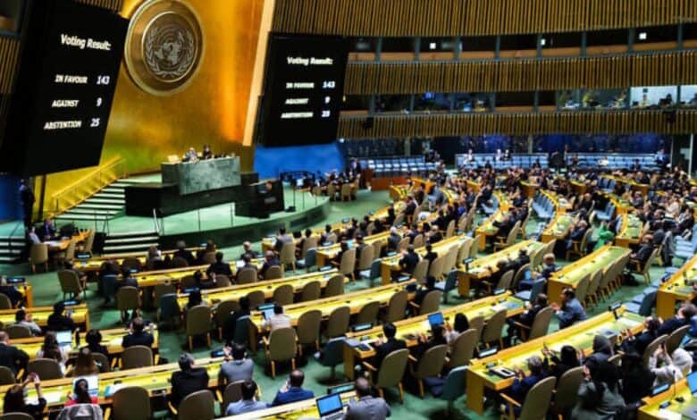 Delegates vote inside the UN General Assembly Hall during a high-level meeting on the Israel-Palestinian two-state solution.