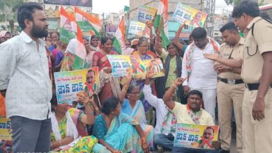 The image shows Dalit Congress workers from Siddipet district protesting against DCC president T Narsa Reddy on Friday, August 15, 2025.