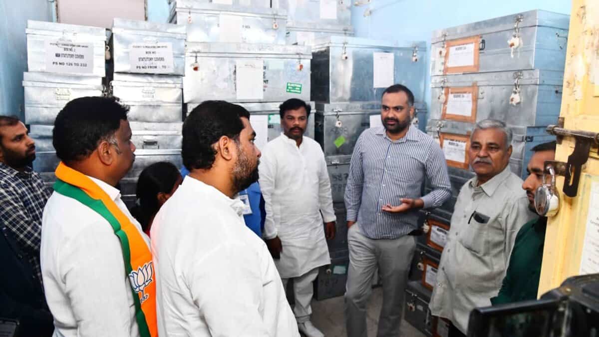 District Election Officer RV Karnan inspects EVM godown at Chudibazar in view of the upcoming Jubilee Hills by-election, on Saturday, August 30.