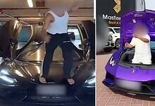 Two images show people doing risky stunts on cars: one stands on a car bonnet in a garage, waving arms like rowing, and another sits inside a Lamborghini's bonnet outside near a 'Master Rent A Car' sign.