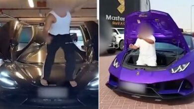 Two images show people doing risky stunts on cars: one stands on a car bonnet in a garage, waving arms like rowing, and another sits inside a Lamborghini's bonnet outside near a 'Master Rent A Car' sign.
