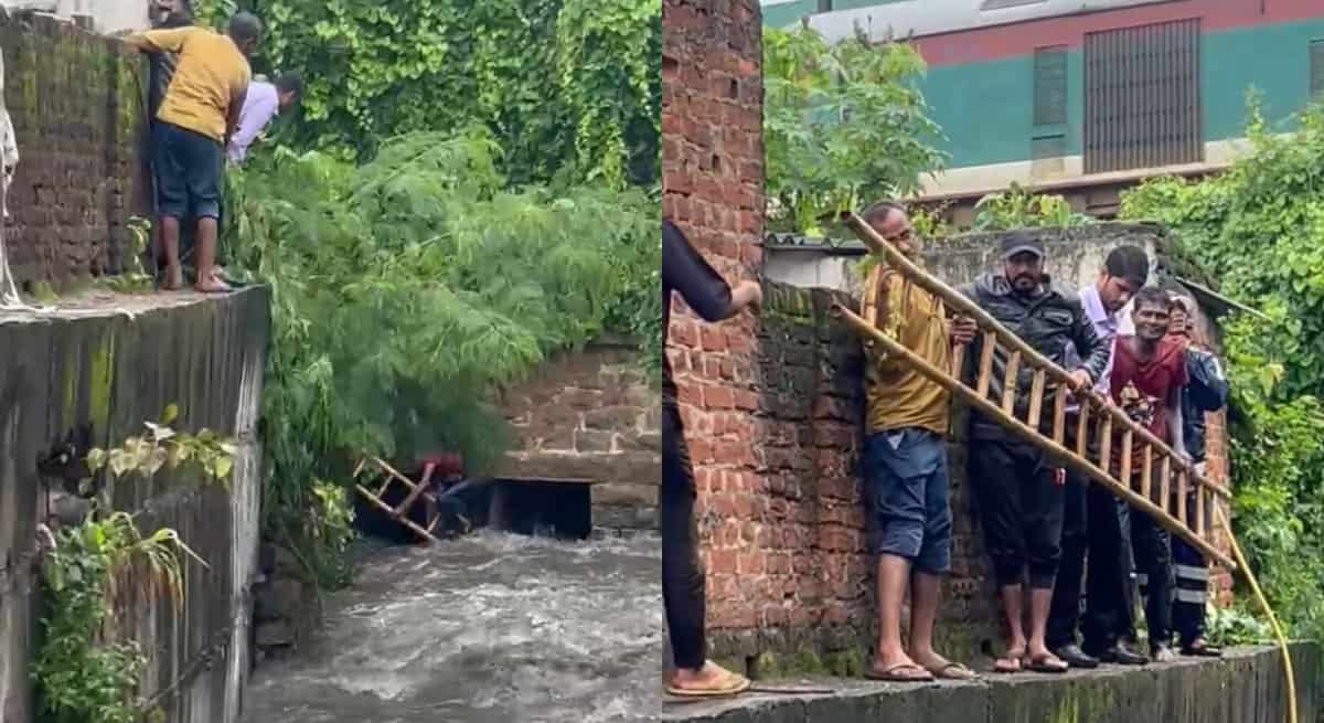 The image shows HYDRAA's disaster response team rescuing a man from Musi nala near Yakutpura rainwal station on Wednesday, August 13, 2025.