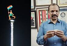 The image shows micro-artist Dr Gurram Dayakar with his new miniature statue carved on a needle.