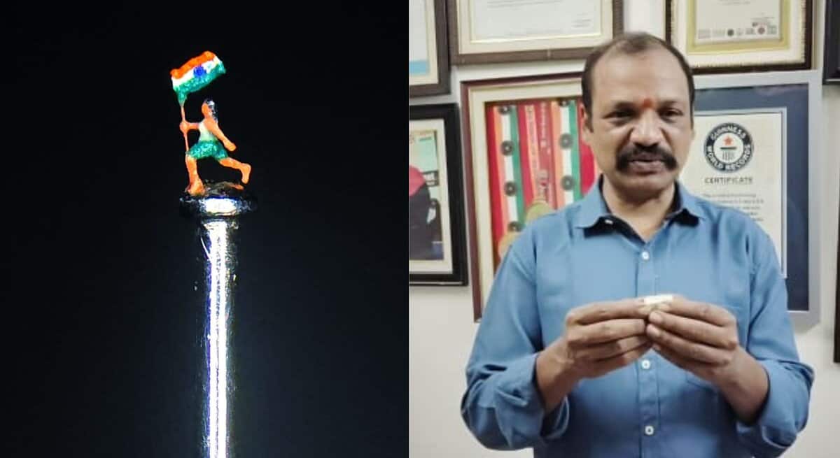 The image shows micro-artist Dr Gurram Dayakar with his new miniature statue carved on a needle.