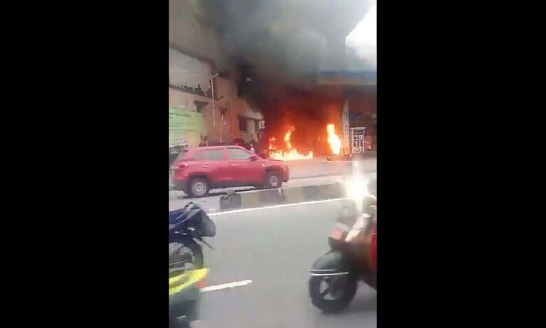 Two bikes catch fire at a petrol pump in Hyderabad's Bowenpally