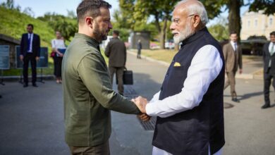PM Narendra Modi being greeted by the Ukrainian President Volodymyr Zelenskyy