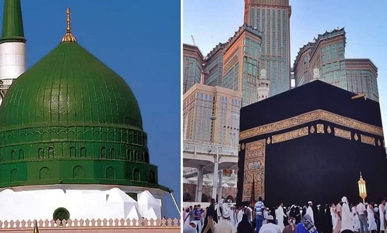 Green Dome of the Prophet’s Mosque in Madinah and the Kaaba at the Grand Mosque in Makkah.