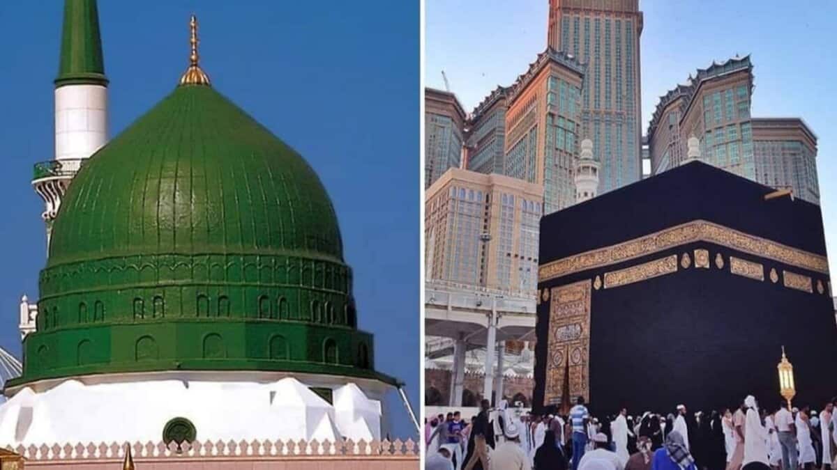 Green Dome of the Prophet’s Mosque in Madinah and the Kaaba at the Grand Mosque in Makkah.