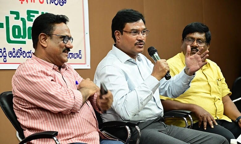 The image shows HYDRAA commissioner AV Ranganath speaking at a 'Meet The Press' programme held at the Basheerbagh Press Club on Saturday, August 23, 2025.