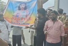 The image shows Sahasra's family members and relatives, protesting at Kukatpally police station on Saturday, August 23, 2025.