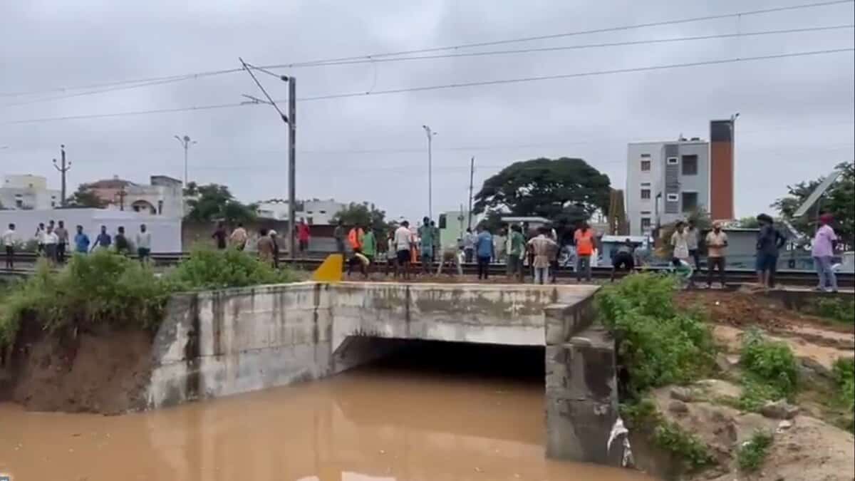 People stranded at the the railway under bridge in Mahabubnagar