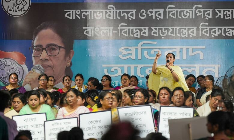 TMC women's cell take part in a dharna as part of the party's 'Bhasha Andolan, in Kolkata on Sunday