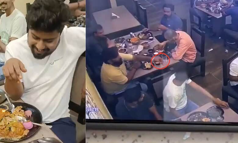 One of the men complaints of finding chicken bones in his veg food (left). CCTV footage of the bone being passed by the men (right)
