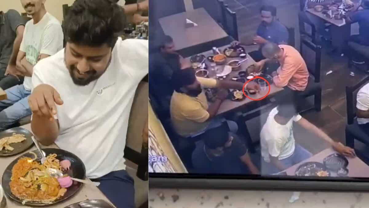One of the men complaints of finding chicken bones in his veg food (left). CCTV footage of the bone being passed by the men (right)
