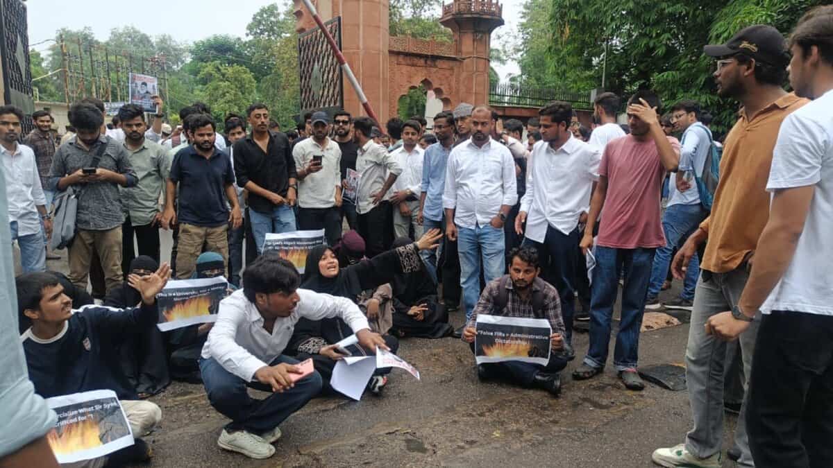 Students of Aligarh Muslim University (AMU) protest against the sudden fee hike